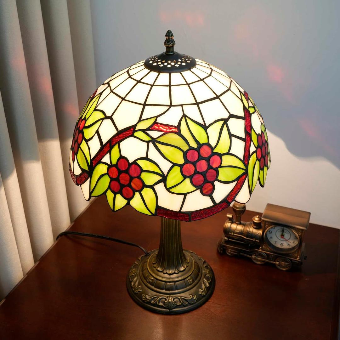 12 Inch Tiffany Lamp Grape Stained Glass Bedroom Table Lamps Village Retro Rustic Farmhouse Style For Living Room End Bedside Nightstand Office Dorm Home Decor Accent Mid Century Reading Desk Light