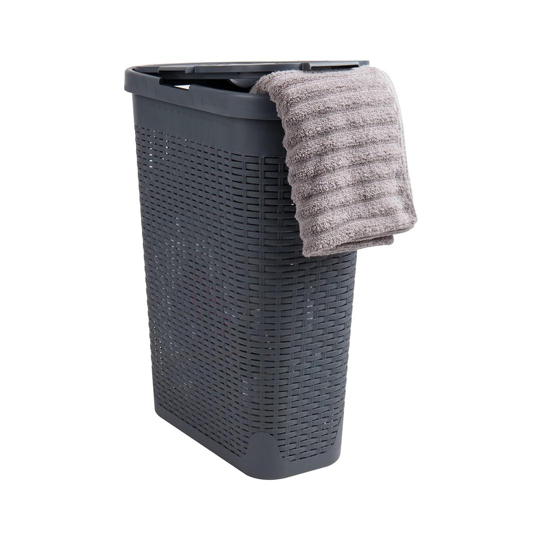 Mind Reader Slim Laundry Hamper with Lid, 40L Clothes Basket, Premium Wicker Design, Plastic, Gray