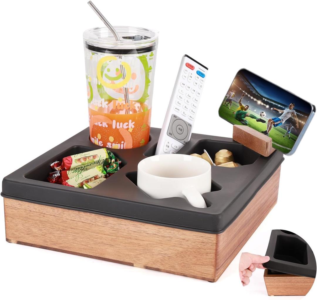 Couch Cup Holder Tray, Silicone Acacia Wooden Couch Caddy with Cup Holder for Snacks, Drinks, Remotes, Waterproof Cup Holder for Couch, Organizer, for Elderly/Women/Men (Black)