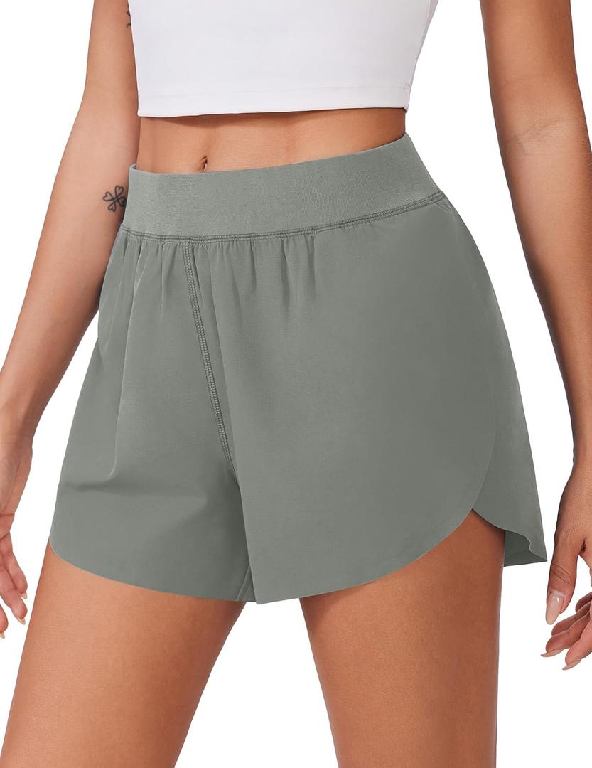 PINSPARK Womens Running Shorts High Waisted Athletic Shorts Quick Dry Exercise Workout Shorts with Mesh Liner (Small, Sage Grey)