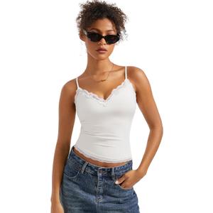 SUUKSESS Women Padded Lace Double Lined Tank Tops Sexy V Neck Summer Going Out Top (Small, White)