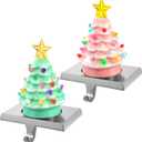 MorningRo 2 Pcs 6.5" Ceramic Christmas Tree Mantel Stocking Holder with LED, 3D Lighted Ceramic Christmas Tree Stocking Holder Hook Xmas Decorations for Fireplace Mantel Table (Pink and Light Green)