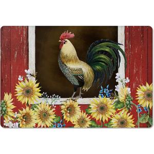Sunflower Rooster Antifatigue Kitchen Bath Door Mat Cushioned Runner Rug,Washable Welcome Floor Sink Mat,Farm Animal Cock Red Barn Bee Waterproof & Non-Slip Comfort Standing Doormat16 x24