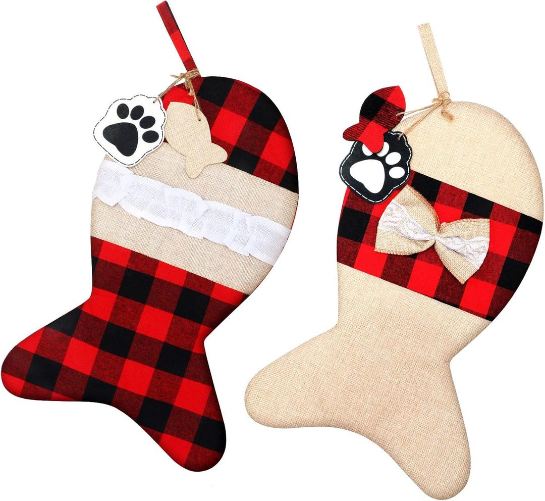 Skylety 2 Pieces Pet Christmas Stockings Buffalo Plaid Burlap 15 Inch Large Fish Shaped Bow Cat Christmas Stockings for Xmas Tree Home Holiday Party Decorations