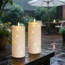 Sasigeiaa Waterproof Outdoor Candles with Timer & Remote - Battery Operated LED Candles, Realistic Flameless Plastic Pillar, Pack of 2 (4" D x 10" H, Ivory) for Patio, Garden Camping Rainy Weather