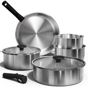 CAROTE Pots and Pans Set, Stainless Steel Cookware Set Detachable Handle, 9pcs Induction Kitchen Cookware Sets with Removable Handle, RV Cookware Set, Oven Safe (Brushed Black)