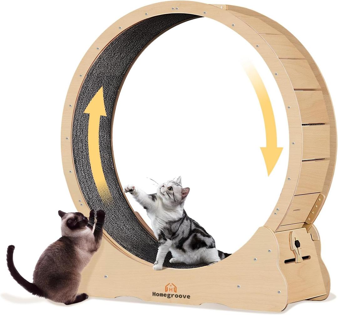 Homegroove Cat Exercise Wheel for Indoor Cats, 46" Large XL Cat Running Treadmill Wheel with Carpeted Runway for Kittys Longer Life, Natural Wood Color(XL)