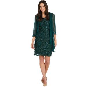 Beaded Jacket Dress W/Sheer 3/4 Sleeve Shrug in Pebble Georgette (6, Hunter)