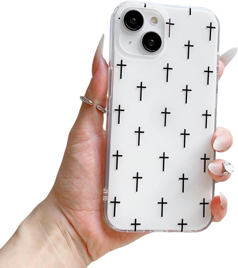 For iPhone 15 Case Cute Pattern Simple Phone Cases Wear IMD Slim Protection Crove for Women Girls-White Cross