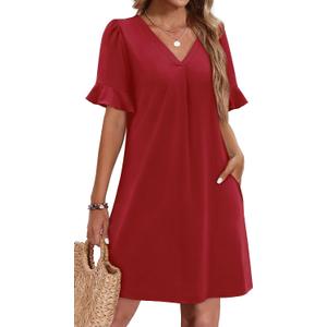 OFEEFAN Summer Dresses for Women Ruffle Short Sleeve V Neck Casual Shift Dress with Pockets, Size: XX-Large