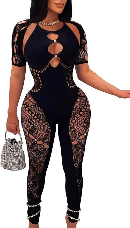 Women's Sexy See Through Outfit One Piece Bodycon Cut Out Mesh Jumpsuit, Size Small