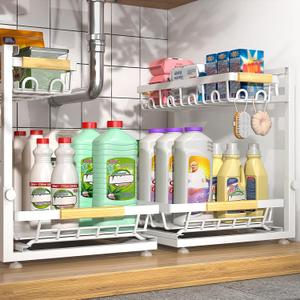 2 Packs Under Sink Organizer, Height Adjustable 3 Tier Under Kitchen Sink Organizer, Multi-Purpose Storage Shelf for Kitchen Bathroom Cabinet (White, Large)
