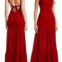 HTZMO Women Elegant Formal Bodycon Maxi Dress Sexy Backless Bow Tie Ruffle Flowy Wedding Guest Party Long Dresses Red XS
