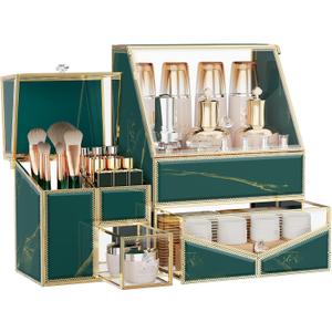 Glass Makeup Organizer for Vanity and Bathroom Countertop  Large Cosmetic Display Case and Skincare Storage Solution (Green)