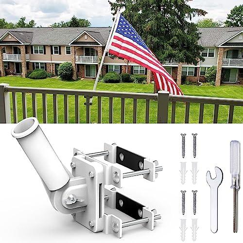 YAARHEJ No Drill Flag Pole Holder for Railing,Flag Pole Mount for Porch & Fence Rail, Apartment Balcony,Square Railing-Two Installation Methods-with Silicone Pads,for 1” flagpole (White)