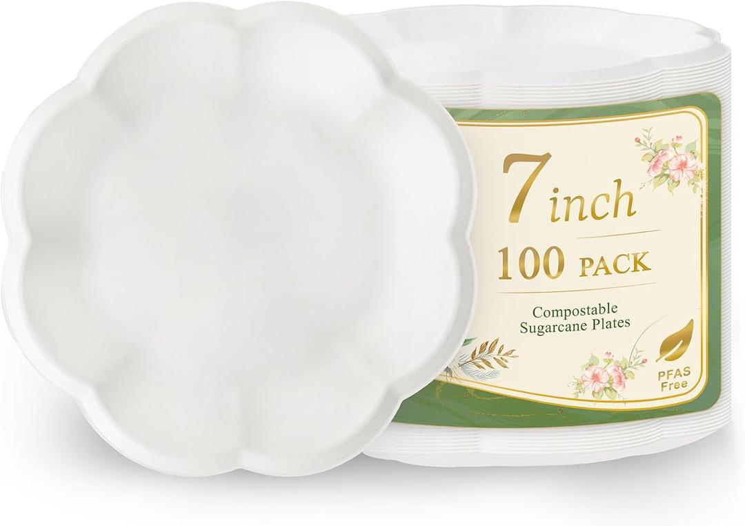 WELLIFE Dessert Plates 7 inch Paper Plates Disposable 100 Pack Scalloped Small Paper Plates Heavy Duty Compostable Bagasse Birthday Party Supplies Dinner Plates for Wedding Tea Party, White