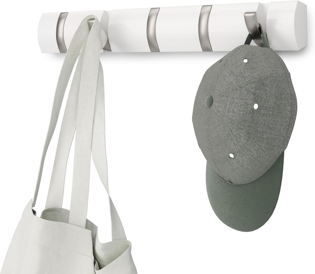 Umbra Flip Wall-Mounted Coat Rack with 5 Hooks Modern, Space-Saving Storage for Hats, Jackets, Bags, Entryway, Mudroom, Closet, Bathroom, Bedroom White/Nickel