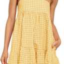 Womens Plaid A-line Dresses Shoulder Straps Ruffle Hem Casual Mini Dress with Side Pocket (Yellow, M)