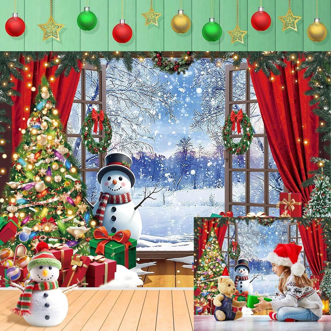 Christmas Window Photography Backdrop 8x6FT Wooden Window Snow Scene Xmas Tree Winter Wonderland Background Winter Christmas Party Decorations Supplies Photo Props