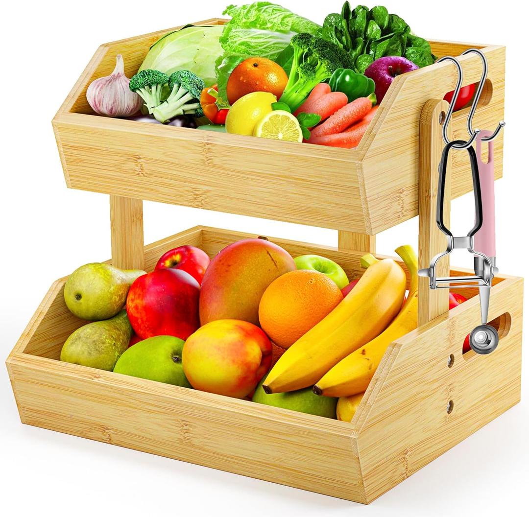 2-Tier Bamboo Fruit Basket, Fruit Basket for Kitchen Fruit Holder, Fruteros Para Cocina, Fruit Bowl for Onion Potato Bread Snack and Kitchen Countertop Organizer