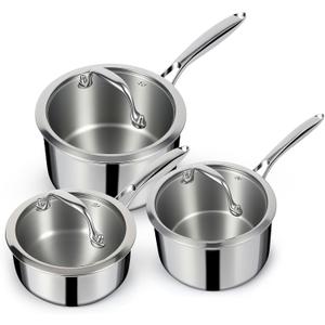 EWFEN 3 Ply Stainless Steel Sauce Pan Set with Lids, 1 & 2 & 3 Quart Multipurpose Cooking Pot, Stay-Cool Handle, Induction Oven Dishwasher Safe, 1QT & 2QT & 3QT