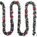 16.4 Ft Dark Green Frost Tip Metallic Tinsel Garland with 50 Warm LED Lights, Artificial Xmas Tree Decoration for Indoor Outdoor, Holiday Party Supplies