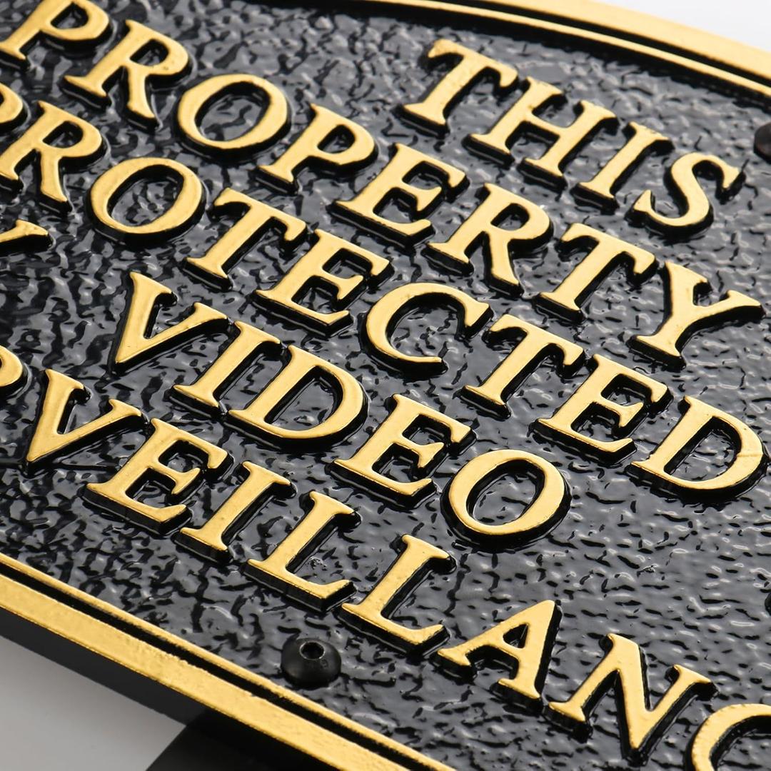 Video Surveillance Signs, Home Security Camera - Thick and Sturdy Cast Material, Embossed Letters,11.5"7.5" Heavy Duty Statement Plaque with 31.5" Stakes and Upgraded Stainless Screws