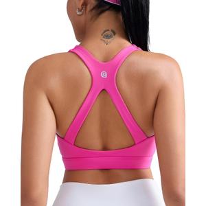 RUNNING GIRL Sports Bras for Women Medium Support V Neck Molded Cup Sports Bras with Sewn in Pads Racerback Running Bra (Hot Pink, Size M)