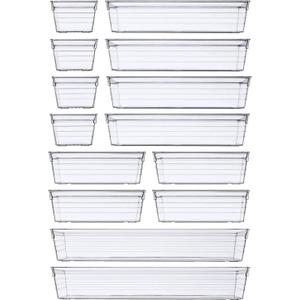 14 PCS Clear Plastic Drawer Organizer Tray for Makeup, Kitchen Utensils, Jewelries and Gadgets
