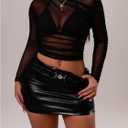 RoseSeek Women's Long Sleeve Mesh Tops Ruched Crew Neck See Through Tight T Shirts (Black, S)