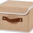 Collapsible Storage Boxes Baskets with Lid Cotton Linen Fabric Storage Bins with Faux Leather Handles Decorative Washable Cube Organizer Container for Home Closet Bedroom (Linen, Small Size)