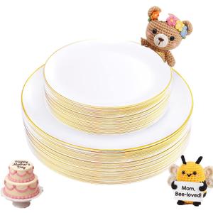 KIRE 60PCS Gold Plastic Plates - Heavy Duty White Disposable Plates with Gold Rim - Include 30Pieces 10.25inch Dinner Plate and 30Pcs 7.5inch Dessert Plate for Wedding/Mother's Day/Spring/Graduation