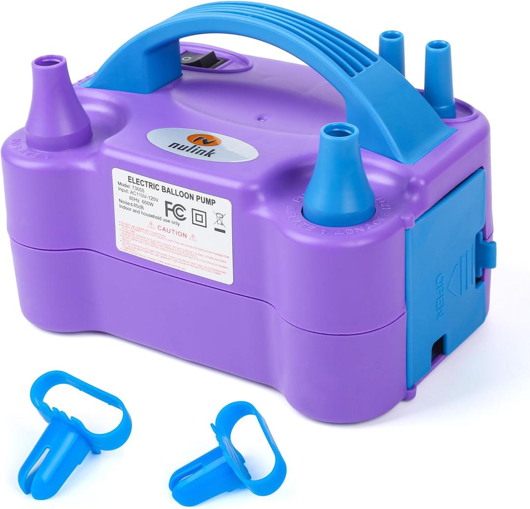 NuLink Balloon Pump Electric Portable Dual Nozzle Air Pump for Balloons Blower Pump Inflator for Decoration, Birthday Party [110V~120V, 600W, Purple]