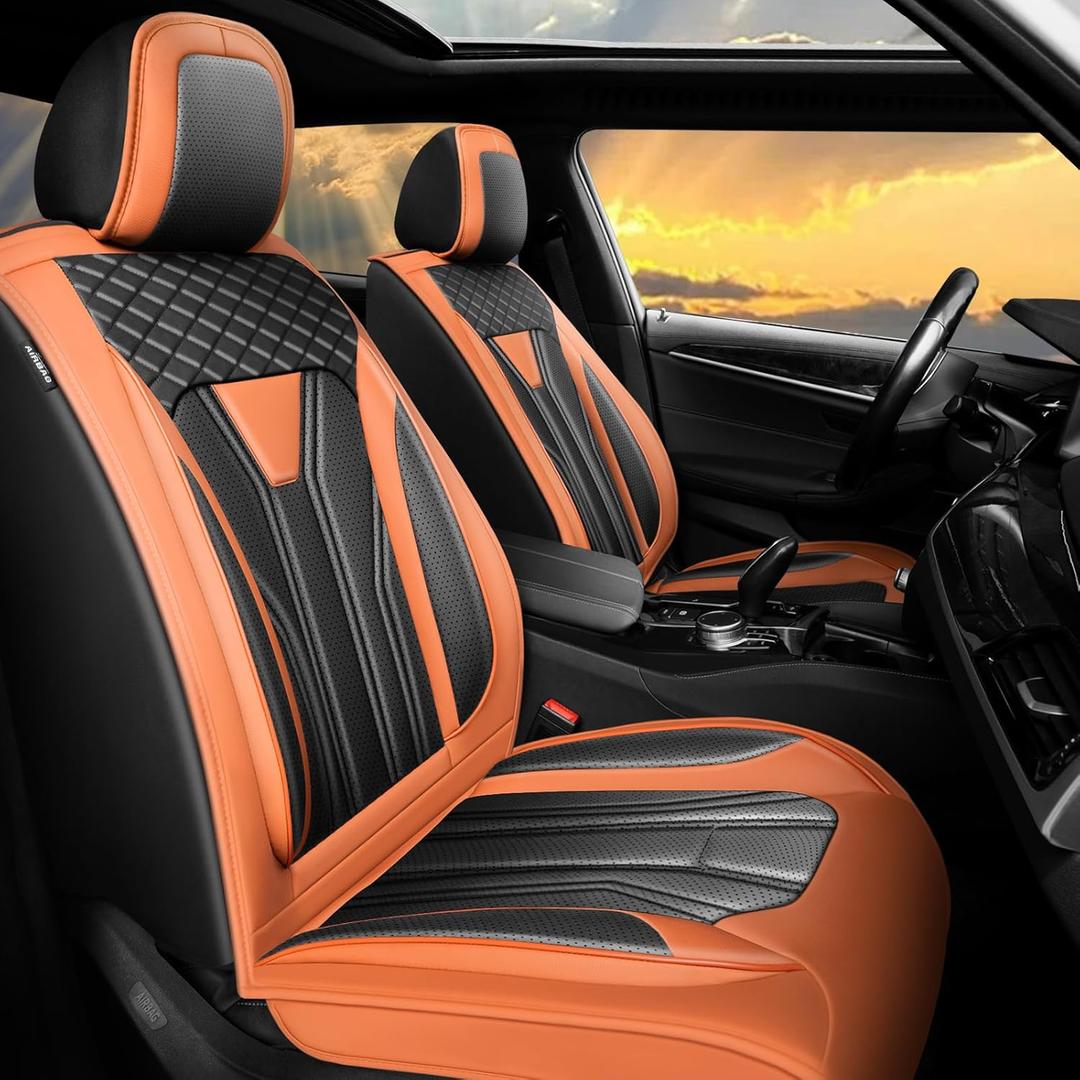Fit Wrangler 4-Door Car Seat Covers for Jeep Wrangler 2010-2025 2026 -Premium Leather, WaterproofBreathableAll-Weather Seat Cushion Protecto & Airbag Compatible, Full Set Orange & Black