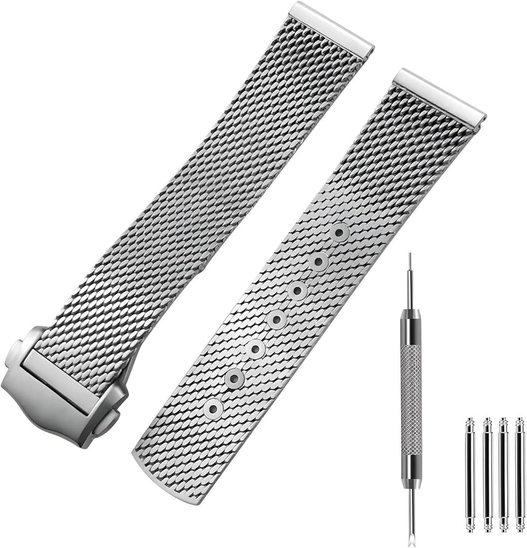 20mm Stainless Steel Watch Band, compatible with Omega Seamaster Diver 300mm Watch - Titanium Foldover Clasp - 20 Quick Release Mesh Bracelet for men, Silver