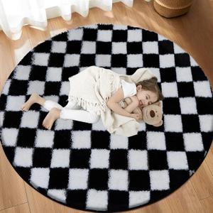 Super Soft Rug, Round Rug for Bedroom, 5X5 Ft Black and White Checkered Round Rug Non-Slip High Pile Cute Soft Fluffy Rug for Living Room Bedroom Kids Room