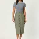 Women's Linen Skirts Slit Button Front Midi Pencil Skirt (Green)
