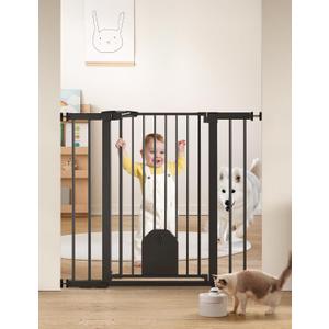 Babelio 36" Tall Auto Close Baby Gate with Small Cat Door, 29-43" Metal Cat Gate for Doorway, Stairs, House. Easy Walk Thru Dog Gate with pet Door, Includes 4 Wall Cups and 3 Extension Pieces, Black