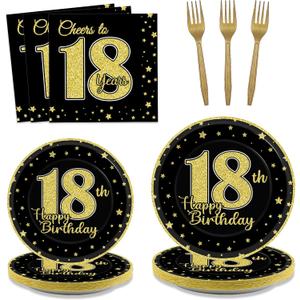 96 Pcs 18th Birthday Party Supplies for 24 Guests Cheers to 18 Years Tableware Table Decorations Black Gold 18th Birthday Plates Napkins Dinnerware for Boys Girls 18 Years Old Birthday Party Favor