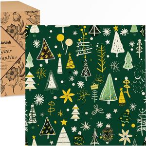 Premium Designer Paper Napkins, 3-Ply 6.5 x 6.5-inches Fold Disposable Decorative Winter Guest Christmas Holly Green Festive New Year Tree Party Lunch Dinner Napkin (50, Festive Green)