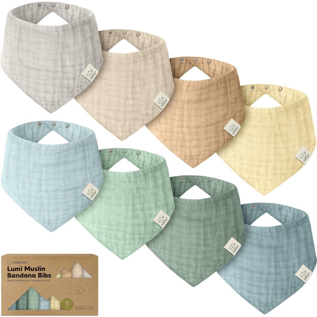 KeaBabies 8-Pack Muslin Baby Bibs for Boys, Girls - Muslin Bandana Drool Bibs for Baby Girl & Boy, Drooling Newborn, Teething Toddler, Infant 0-36 Months, Soft Cotton Extra Absorbent (Mirage)