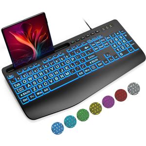 SABLUTE Large Print Backlit Keyboard, Wired USB Computer Keyboards with 7-Colors Backlight, Wrist Rest, Phone Holder, Oversized Letter Keys Easy to See and Type for Laptop, PC, Windows, Black
