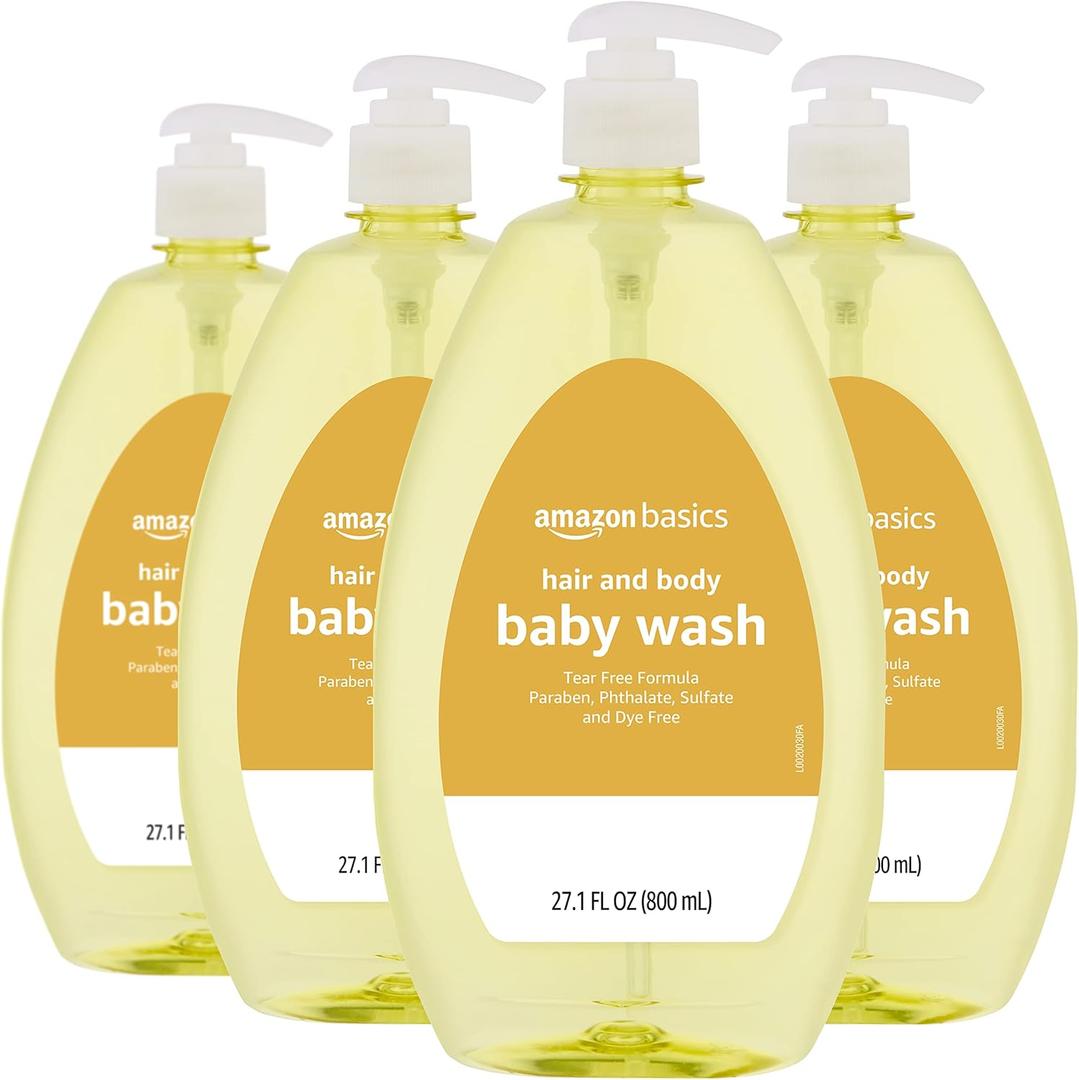 Amazon Basics Tear-Free Baby Hair and Body Wash, 27.1 Fluid Ounce, Lightly Scented, 4-Pack (Previously Solimo), 06/06/2028