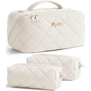 Travel Makeup Bag, 3 Pcs Large Capacity Puffy Toiletry Bag for Women, Open Flat Make up Cosmetic Organizer w/Handle & Clear Divider Water-resistant Portable Pouch Travel Essentials, M-Cream White (EXP 01/01/35)