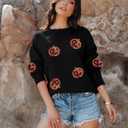 VILOVE Halloween Pumpkin Sequin Sweatshirt Women: Pumpkin Face Long Sleeve Tops Fall Hoodie Party Pullover (Pink, XL)