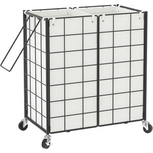 WOWLIVE Double Laundry Hamper with Wheels,Metal Wire Frame Rolling Laundry Basket with 2 Removable bags,120L Dirty Clothes Hamper Organizer Dorm Room Storage for Bedroom,Bathroom,Black and White