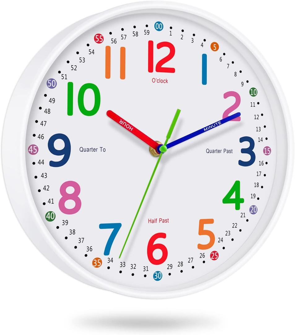 Silent Kids Wall Clock Non-Ticking, Battery-Powered, Ideal for Teaching Time and Stylish Dcor in Any Room - 12 Inch