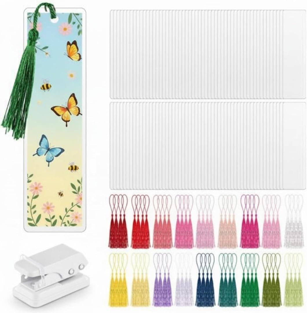 Fuyoooo 101 Pcs DIY Bookmark Making Kit Bookmark Laminating Pouches 5 Mil Hot Laminator Sleeves with Rainbow Tassels and Puncher Fit Most Pouch Laminating Machines Easter Gift(2.36 x 7.87 Inch)