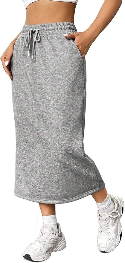 SOFIA'S CHOICE Women's Midi Skirt Drawstring High Elastic Waist A Line Cargo Skirt with Pockets Grey-A XX-Large