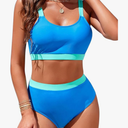 Womens High Waisted Bikini Sets Sporty Crop Top Color Block Swimwear Bandeau Scoop Neck Vintage Two Piece Bathing Suits, M (Top), L (Bikini) Blue
